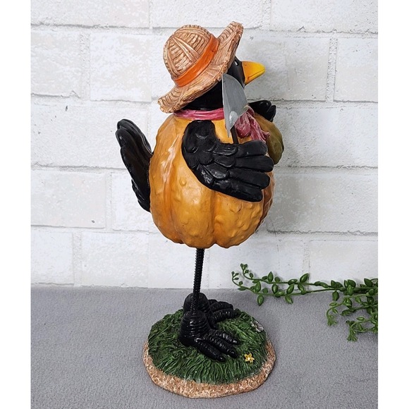 Halloween Fall Crow Scarecrow Standing Statue Figure Pumpkin Shovel Resin 12" - Picture 6 of 8